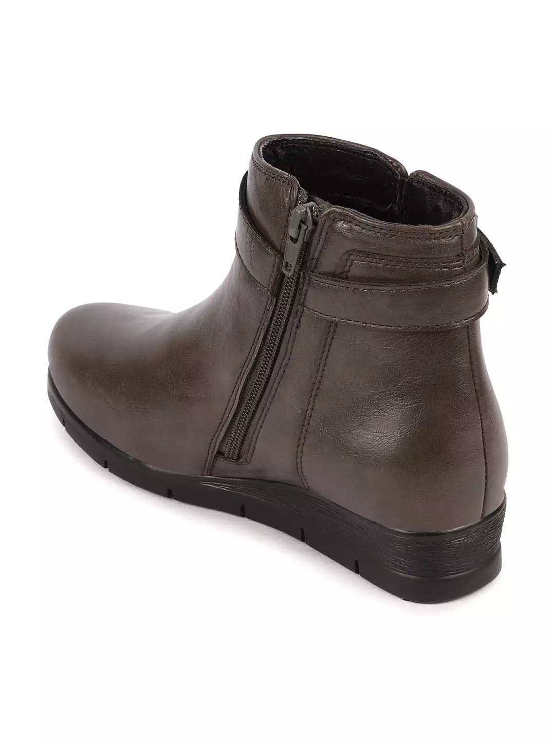 Women Gray Ankle Boots with Side Zipper and Buckle Closure