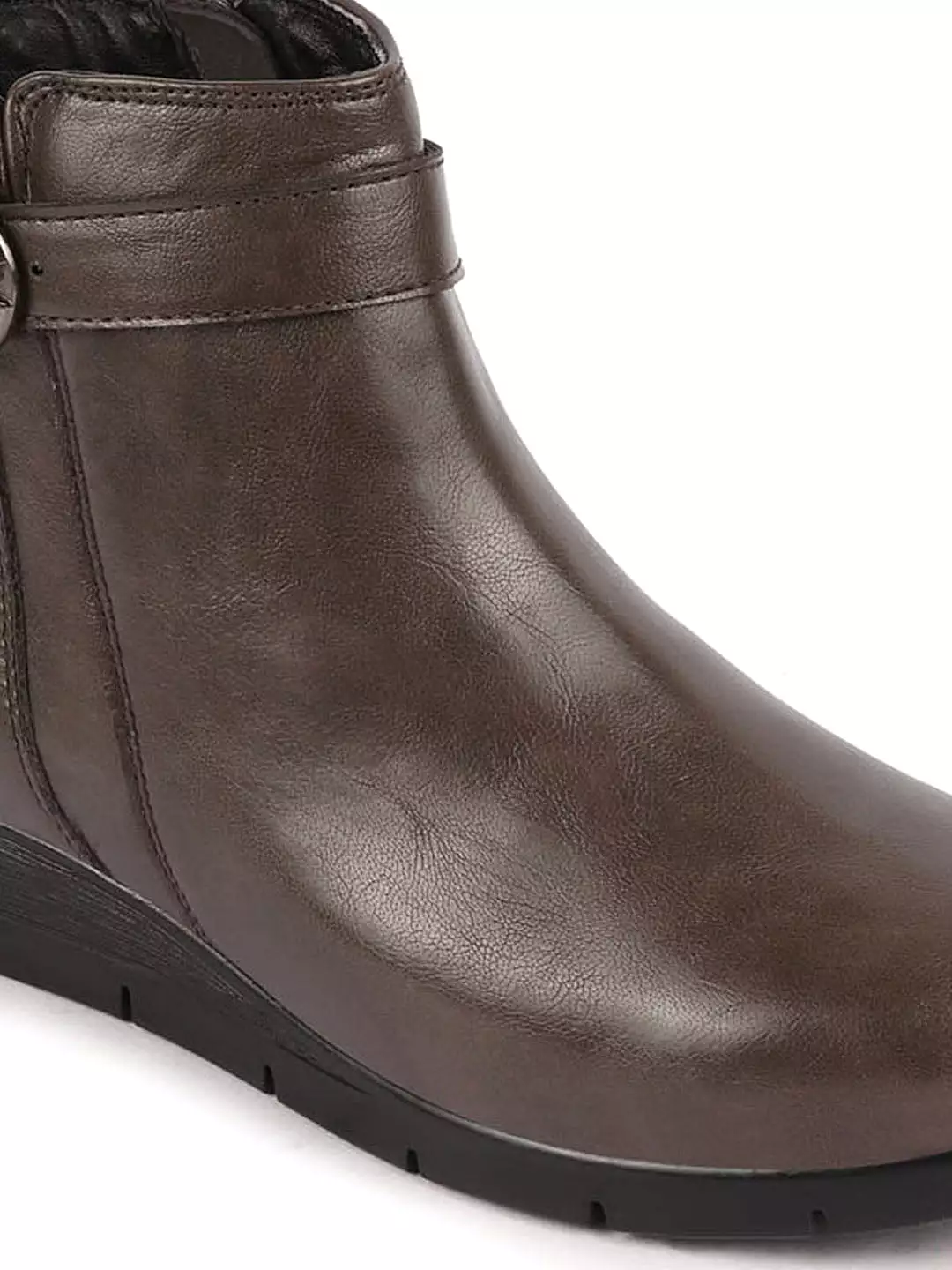 Women Gray Ankle Boots with Side Zipper and Buckle Closure