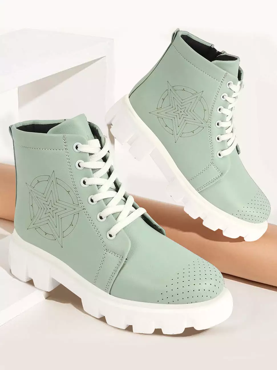 Women Pista Green Winter Boots | Outdoor High Top Lace Up Casual Boots | Chunky Sole