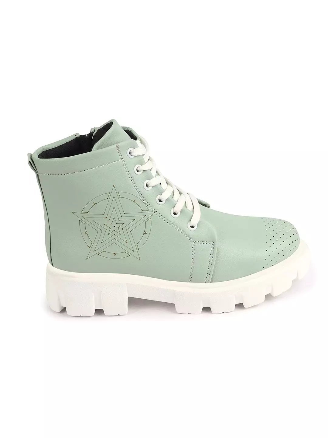 Women Pista Green Winter Boots | Outdoor High Top Lace Up Casual Boots | Chunky Sole