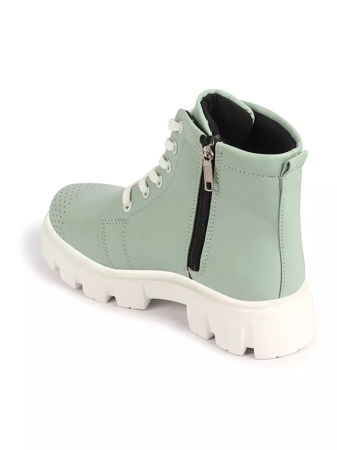 Women Pista Green Winter Boots | Outdoor High Top Lace Up Casual Boots | Chunky Sole