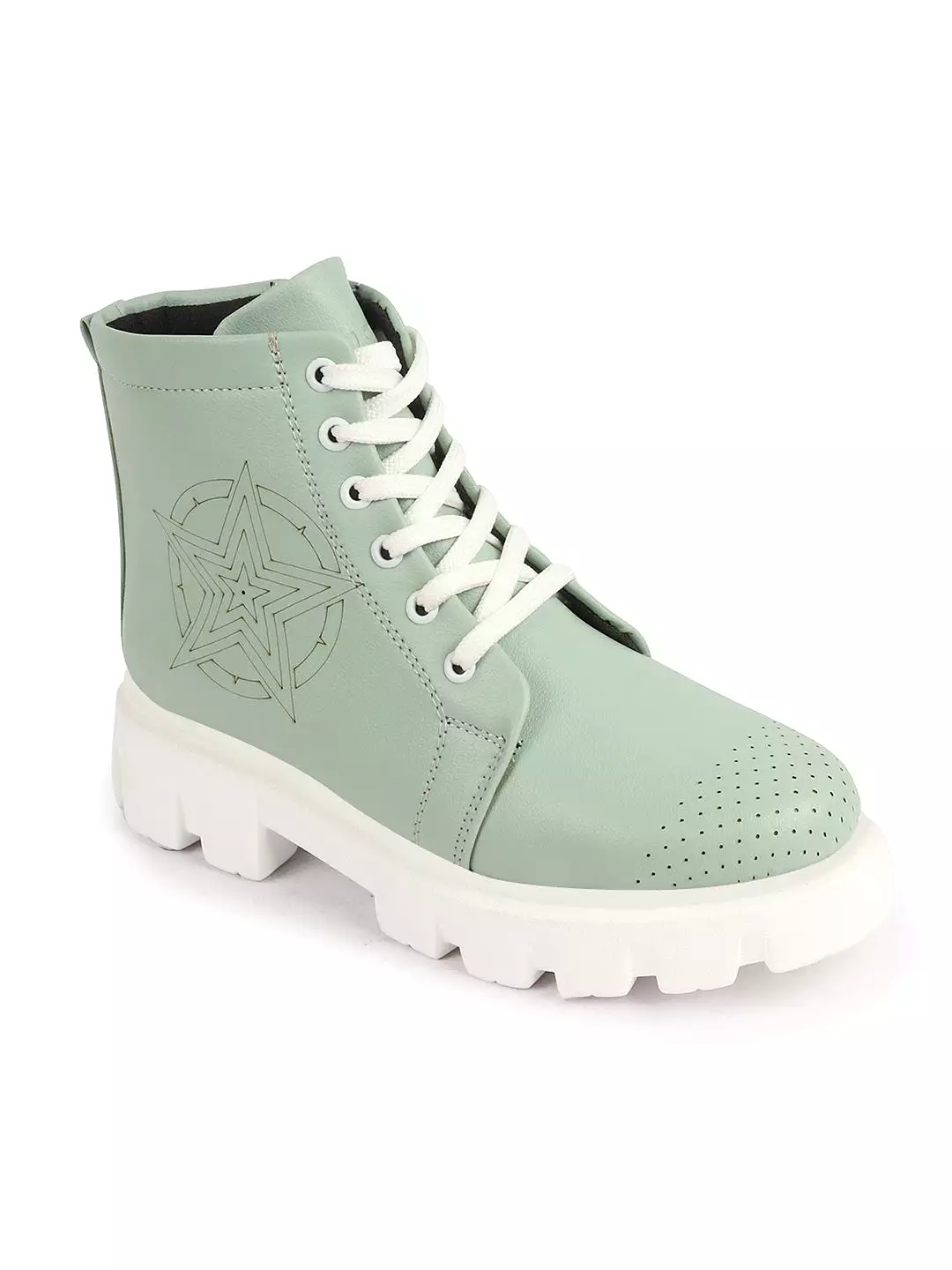 Women Pista Green Winter Boots | Outdoor High Top Lace Up Casual Boots | Chunky Sole