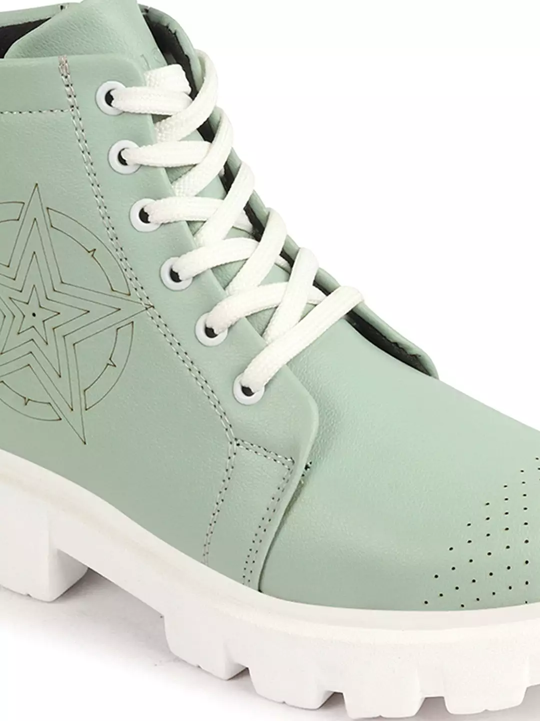 Women Pista Green Winter Boots | Outdoor High Top Lace Up Casual Boots | Chunky Sole