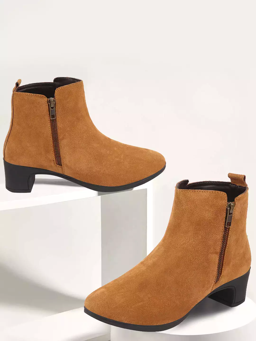 Women Tan Flared Heel Mid Top Suede Leather Zipper Winter Chelsea Boots