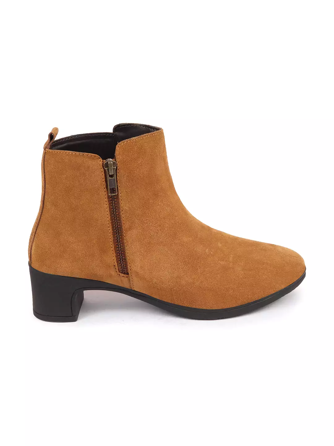 Women Tan Flared Heel Mid Top Suede Leather Zipper Winter Chelsea Boots