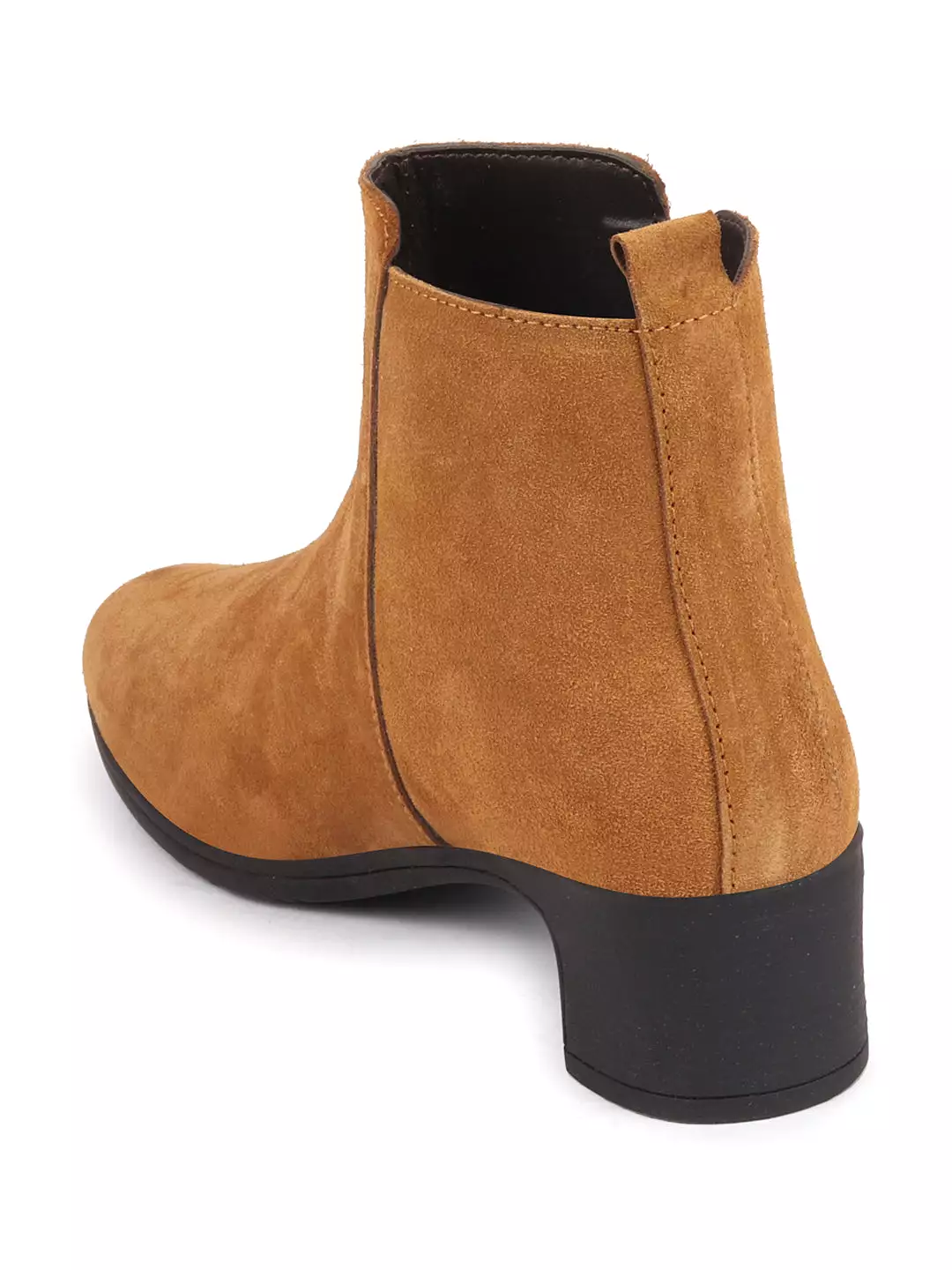 Women Tan Flared Heel Mid Top Suede Leather Zipper Winter Chelsea Boots