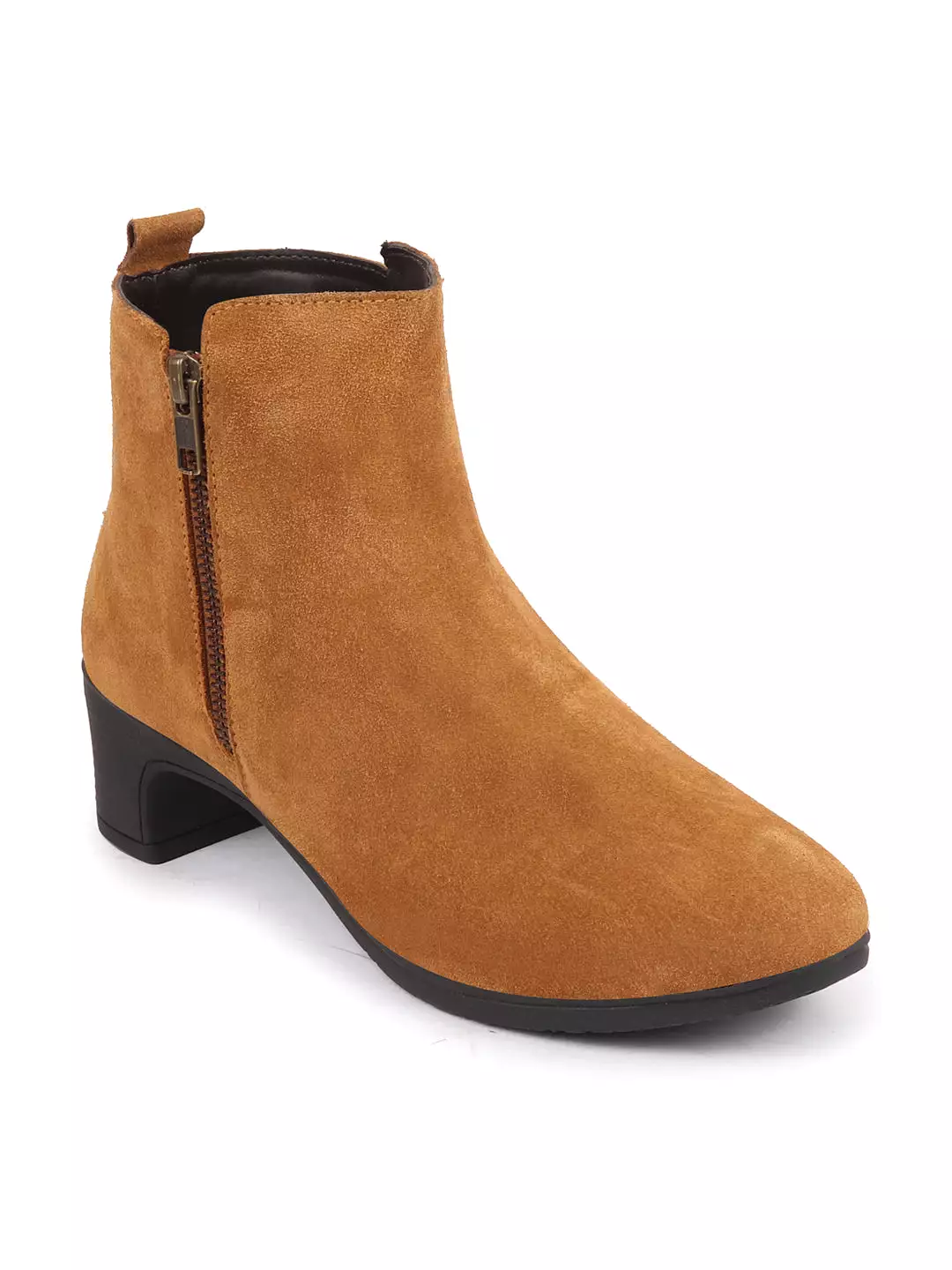 Women Tan Flared Heel Mid Top Suede Leather Zipper Winter Chelsea Boots