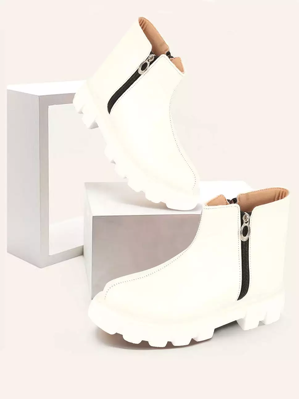 Women White Chunky Side Zipper Work Boots