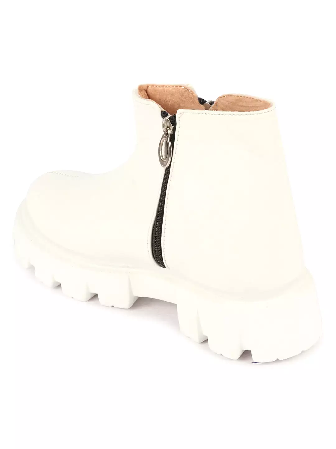 Women White Chunky Side Zipper Work Boots