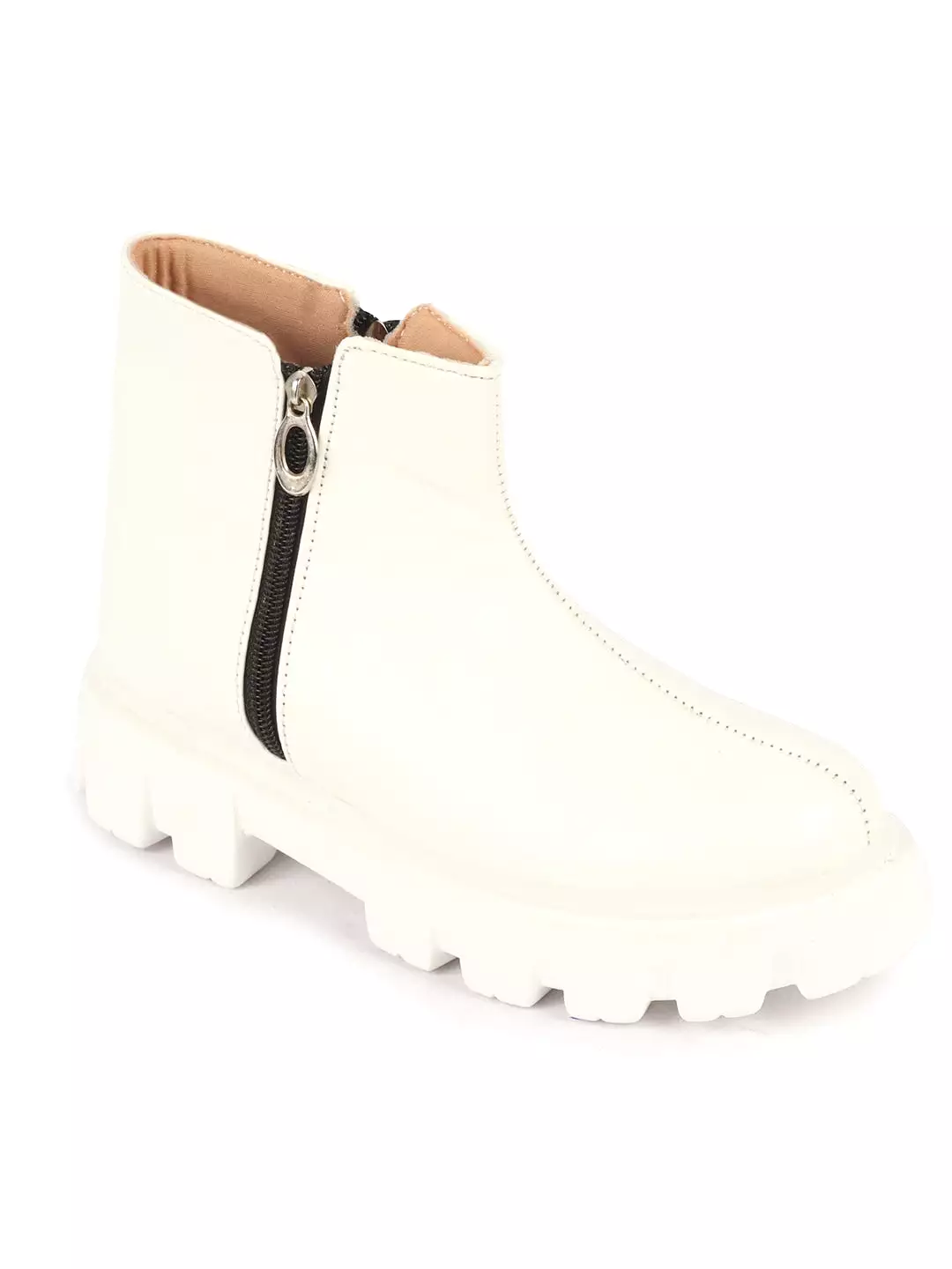 Women White Chunky Side Zipper Work Boots