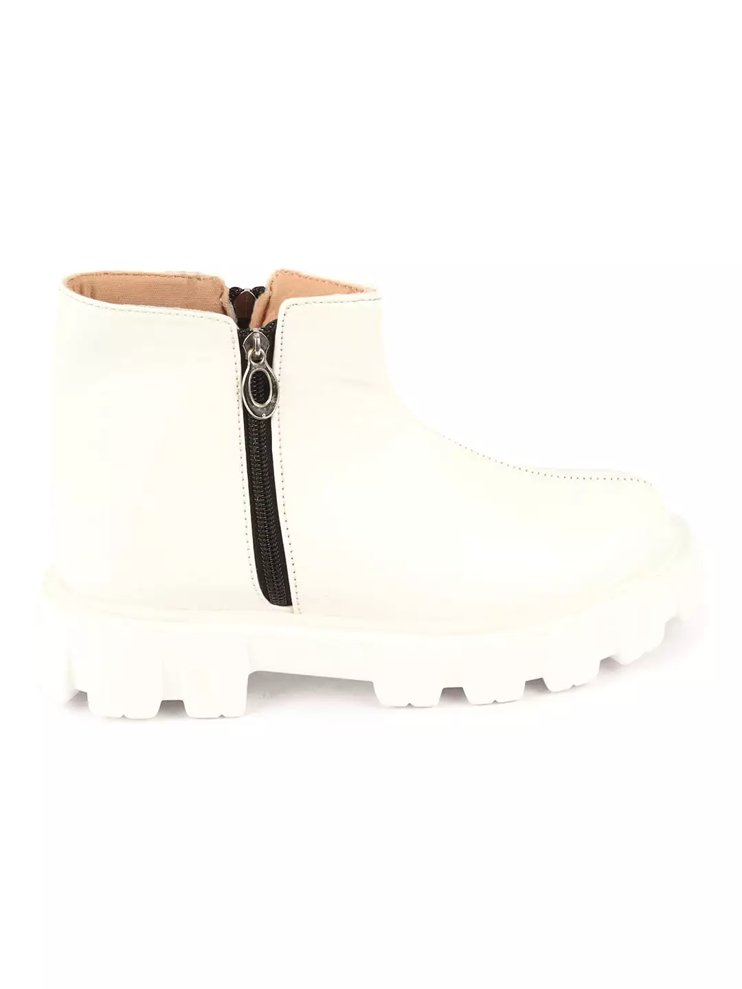 Women White Chunky Side Zipper Work Boots