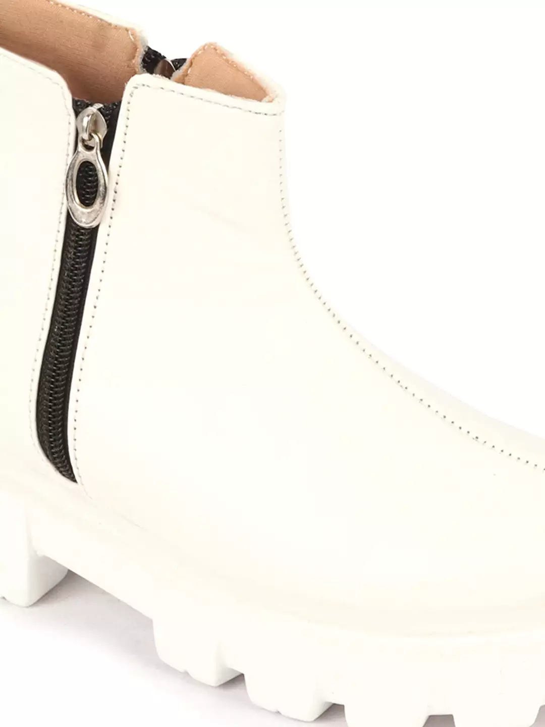 Women White Chunky Side Zipper Work Boots