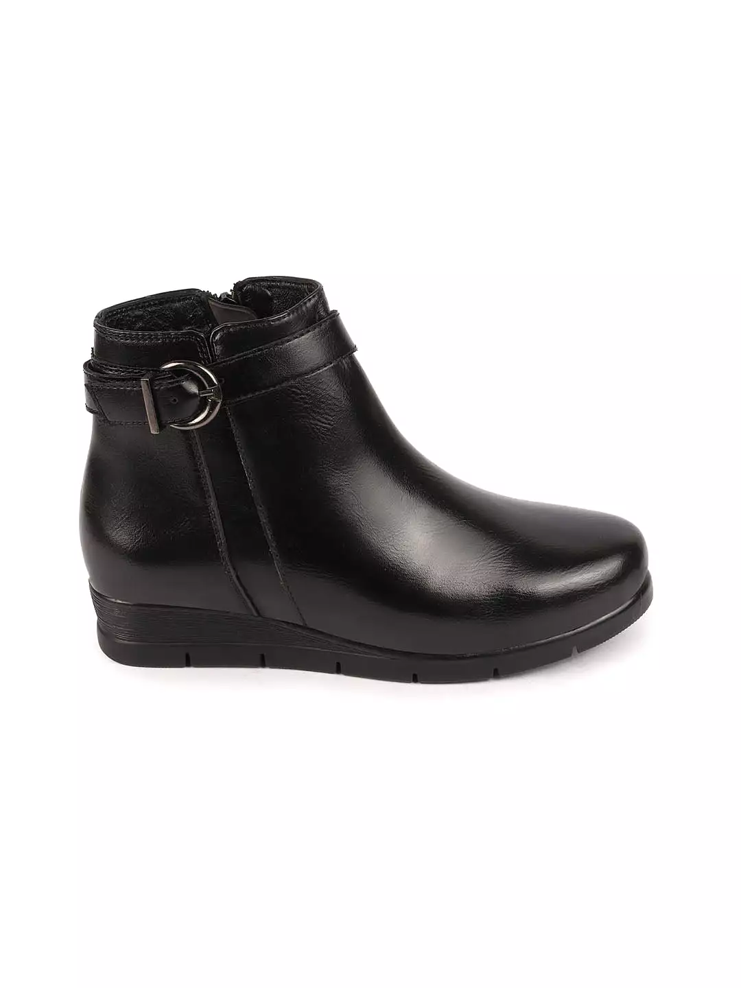 Women's Black High Ankle Wide-Fit Casual Zipper Buckle Boots