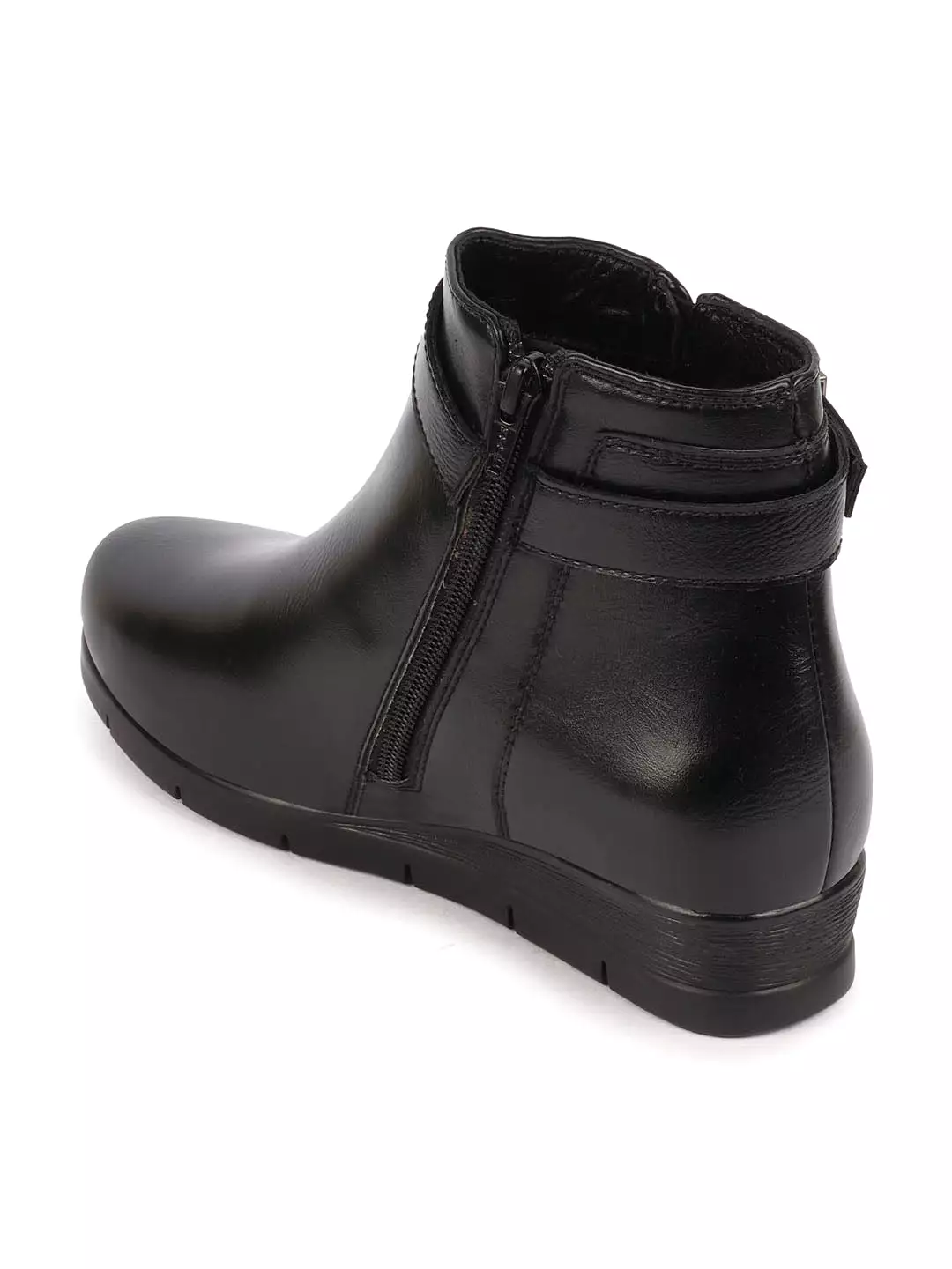 Women's Black High Ankle Wide-Fit Casual Zipper Buckle Boots