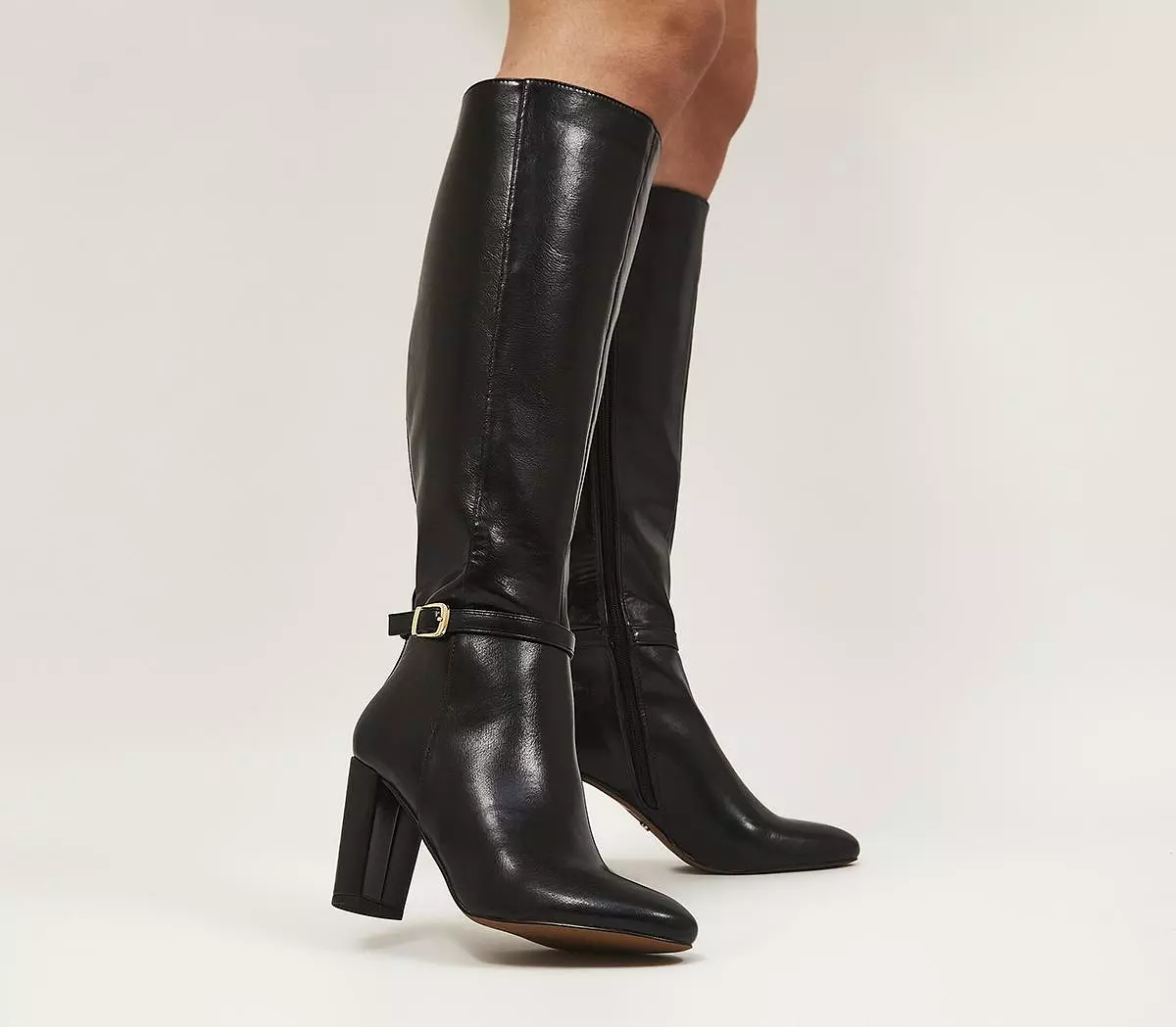 Women's Black High Heeled Knee Boots with Kramer Buckle Detail