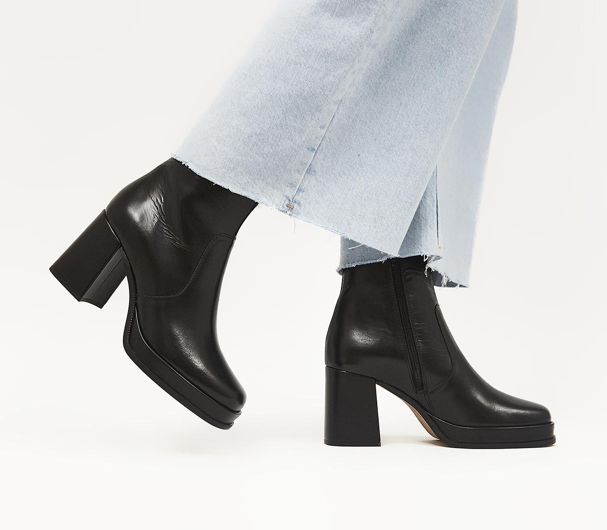 Women's Black Leather Ankle Boots with Covered Platform Block Heel