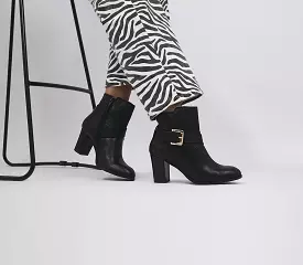 Women's Black Leather Buckle Strap Ankle Boots - Office Alma