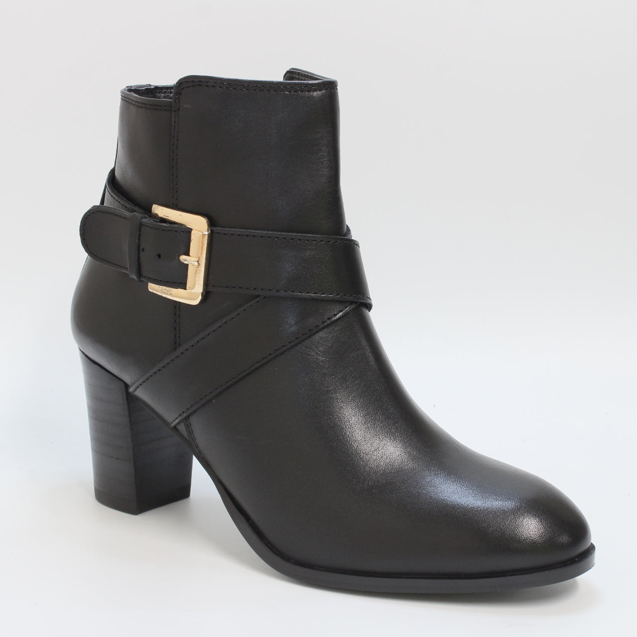 Women's Black Leather Buckle Strap Ankle Boots - Office Alma