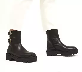 Women's Black Leather Office Auto Buckle Biker Boots