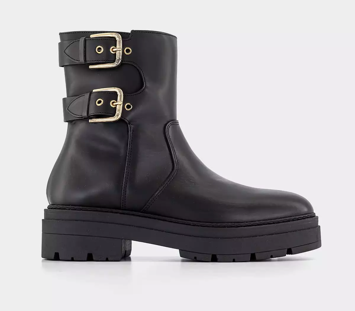 Women's Black Leather Office Auto Buckle Biker Boots.