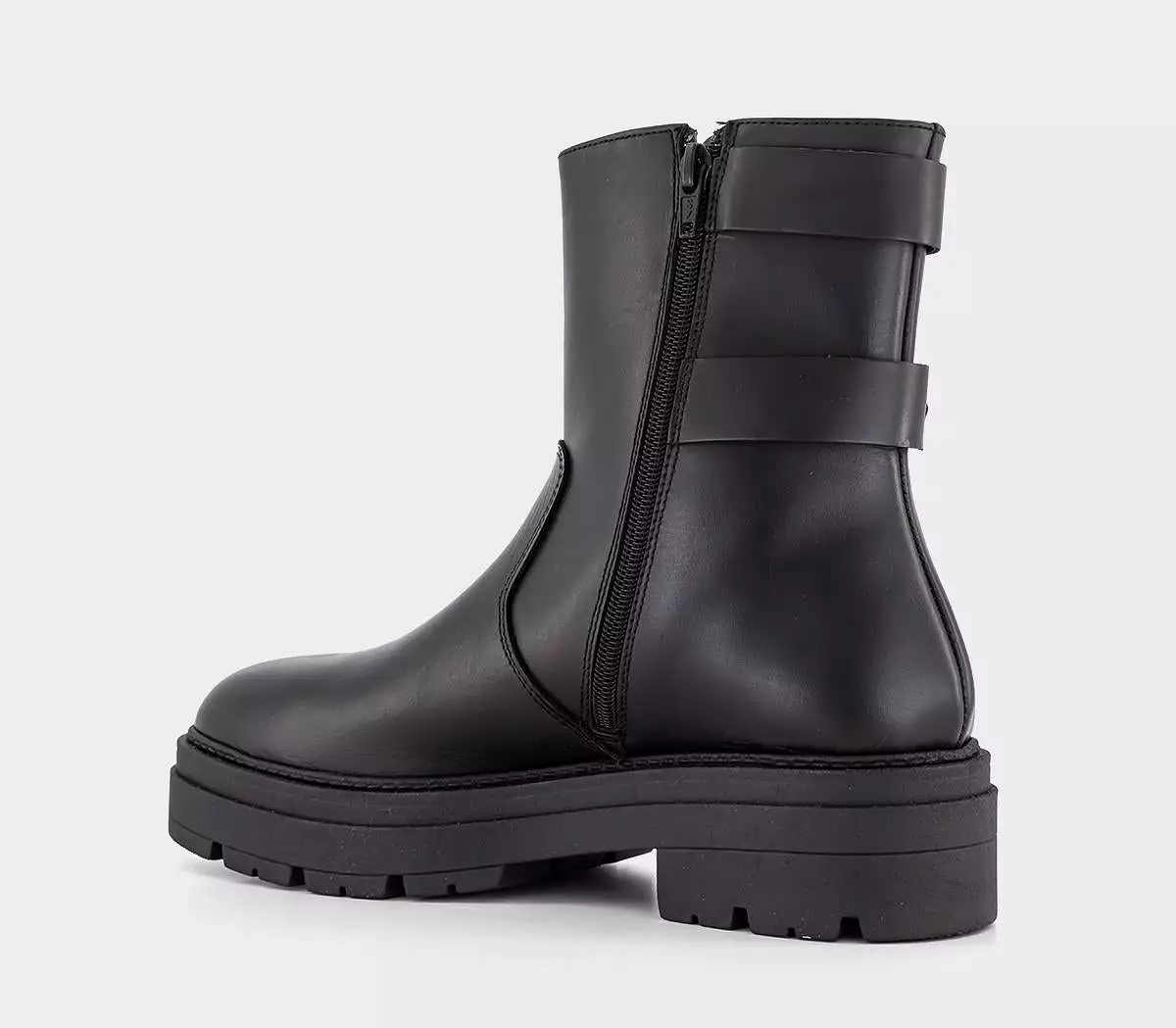 Women's Black Leather Office Auto Buckle Biker Boots.