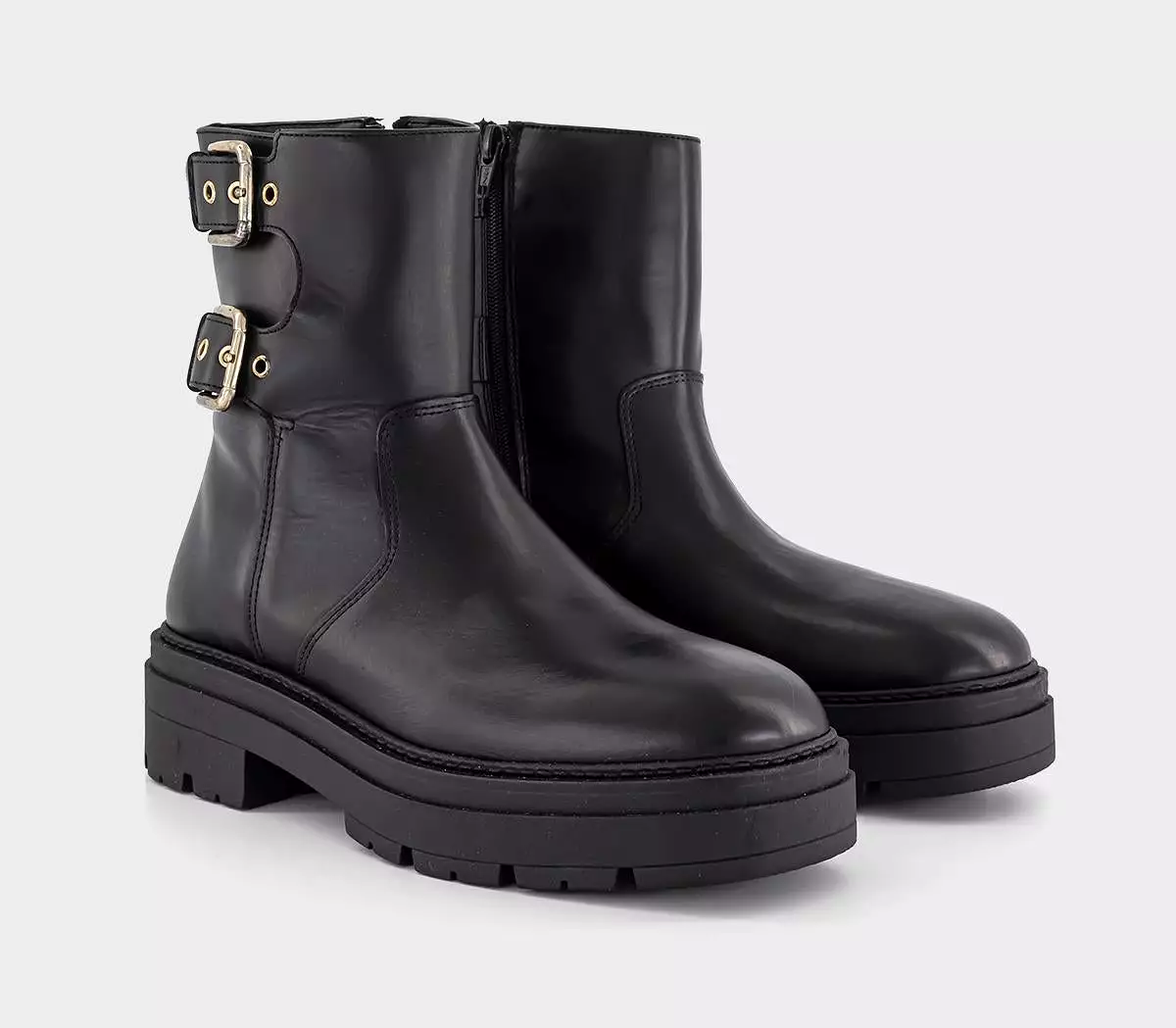 Women's Black Leather Office Auto Buckle Biker Boots.