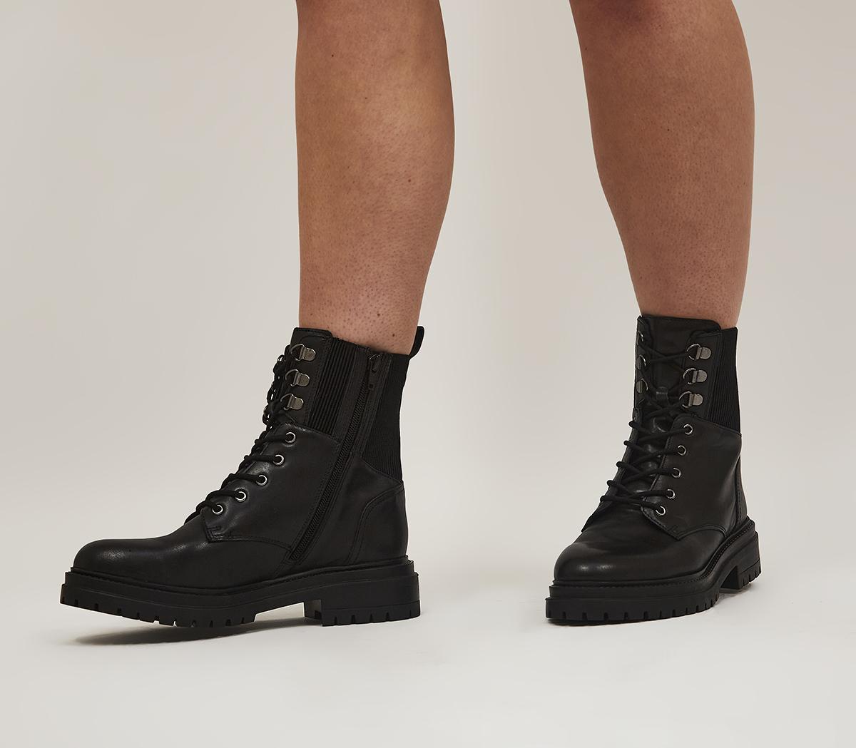 Women's Black Leather Office Lace Up Boots with Elastic Panel.