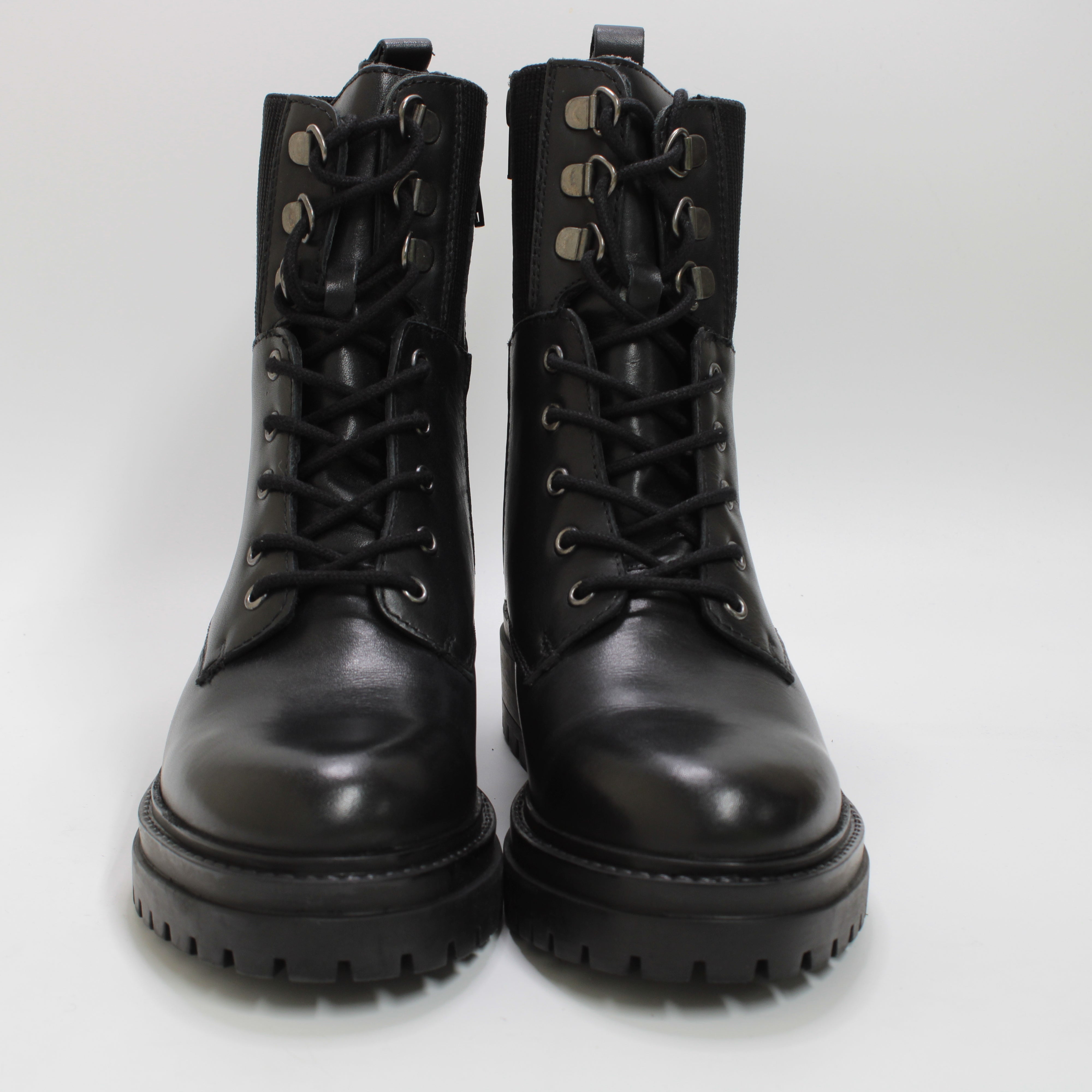 Women's Black Leather Office Lace Up Boots with Elastic Panel.