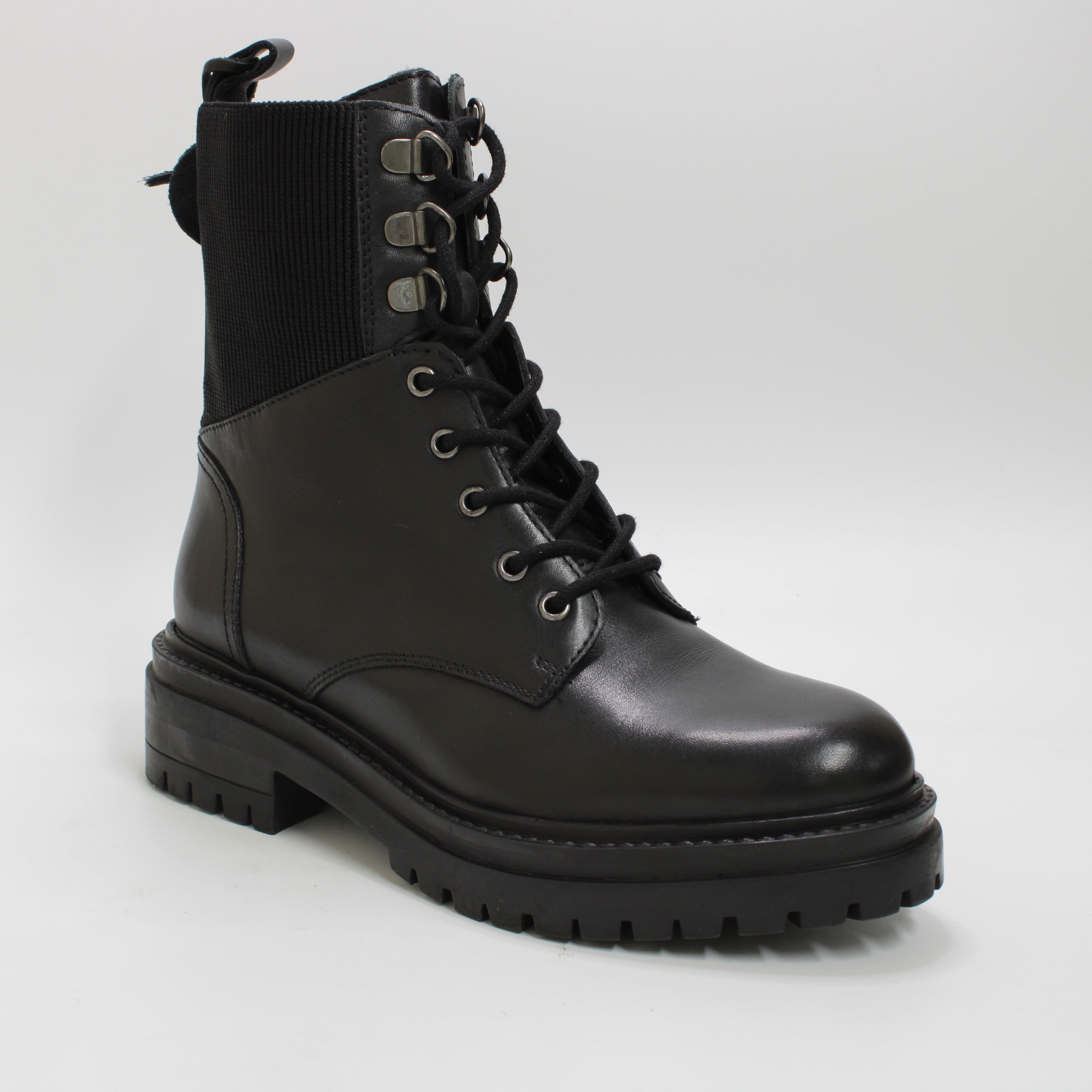 Women's Black Leather Office Lace Up Boots with Elastic Panel.