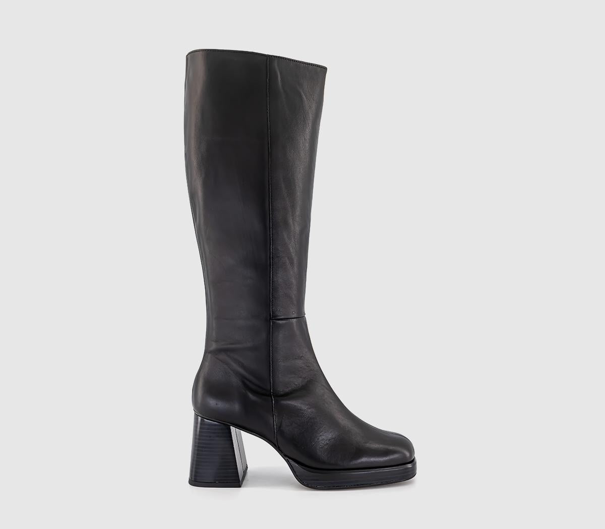 Women's Black Leather Platform Heeled Knee Boots