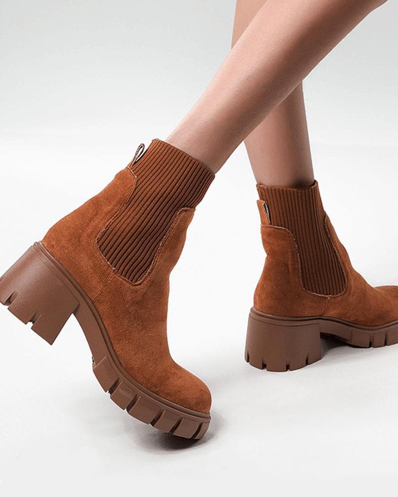 Women's Color-Blocking Chunky Heel Ankle Boots - Outdoor Fashion