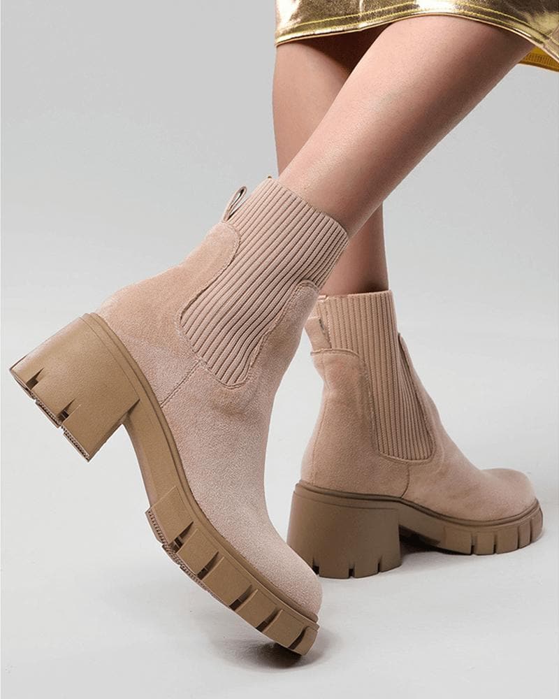 Women's Color-Blocking Chunky Heel Ankle Boots - Outdoor Fashion