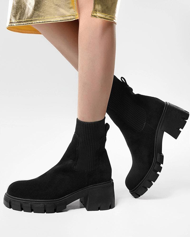 Women's Color-Blocking Chunky Heel Ankle Boots - Outdoor Fashion