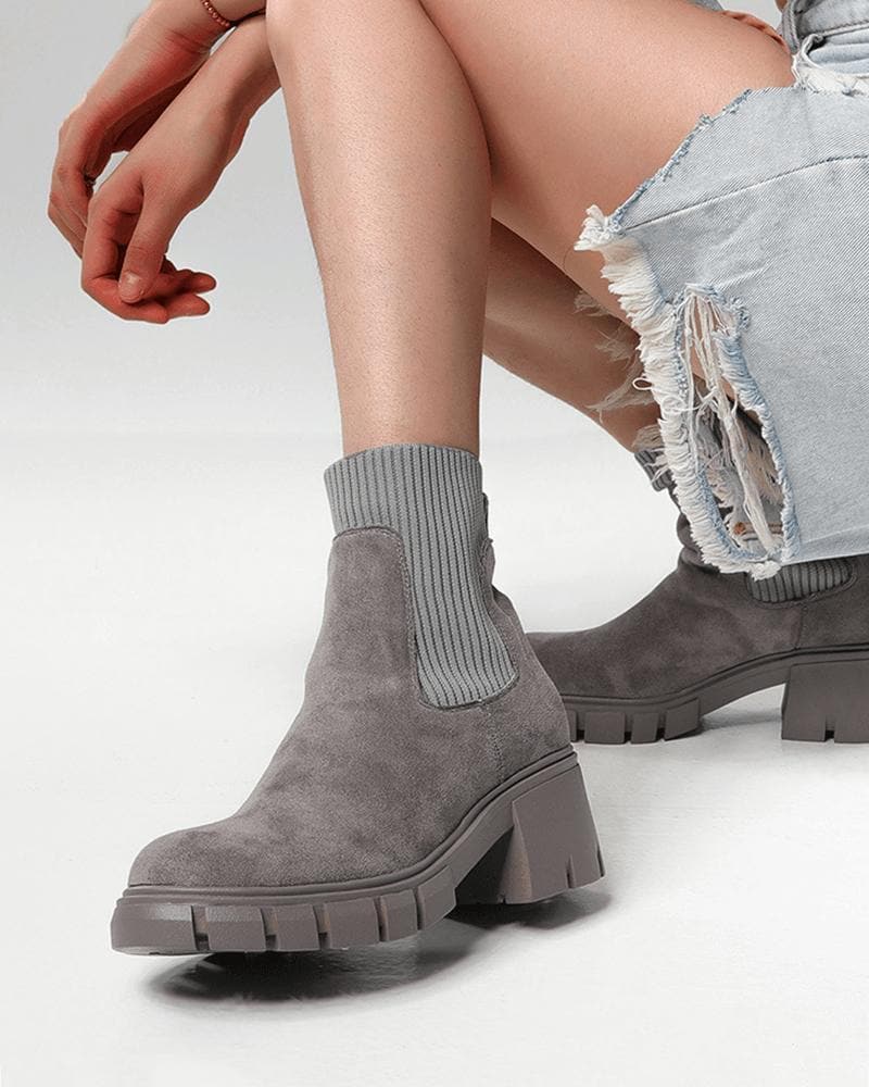 Women's Color-Blocking Chunky Heel Ankle Boots - Outdoor Fashion