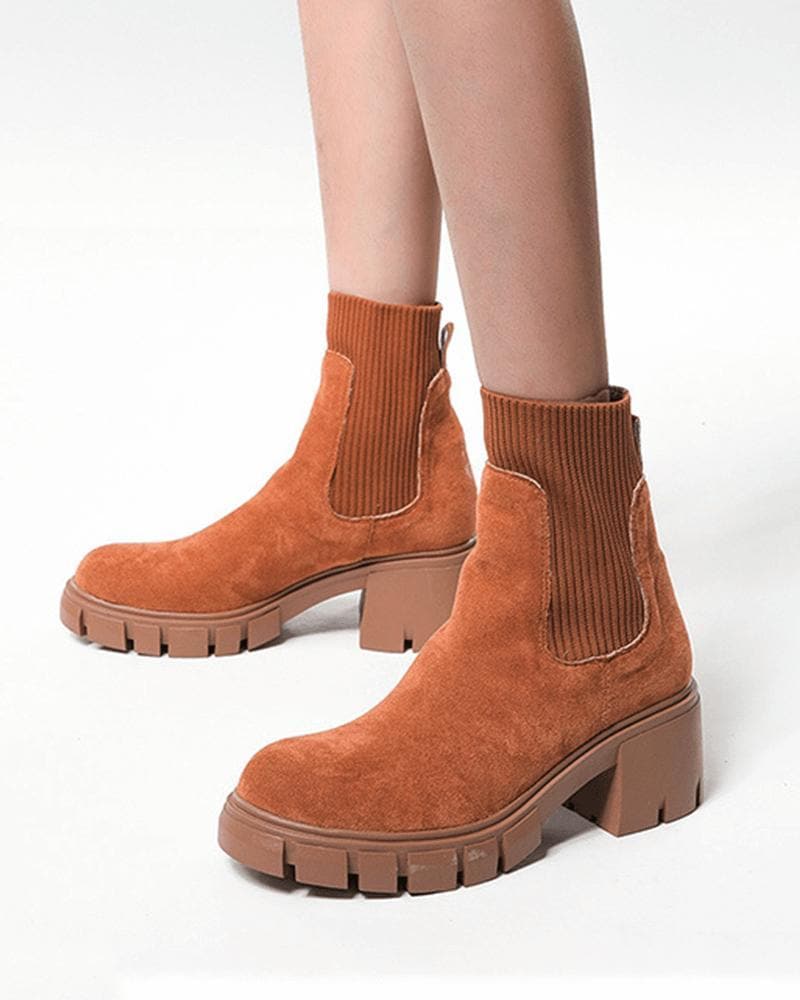 Women's Color-Blocking Chunky Heel Ankle Boots - Outdoor Fashion