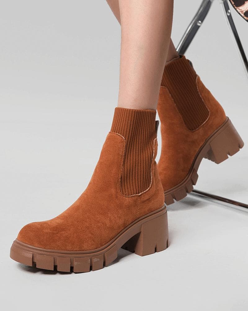 Women's Color-Blocking Chunky Heel Ankle Boots - Outdoor Fashion