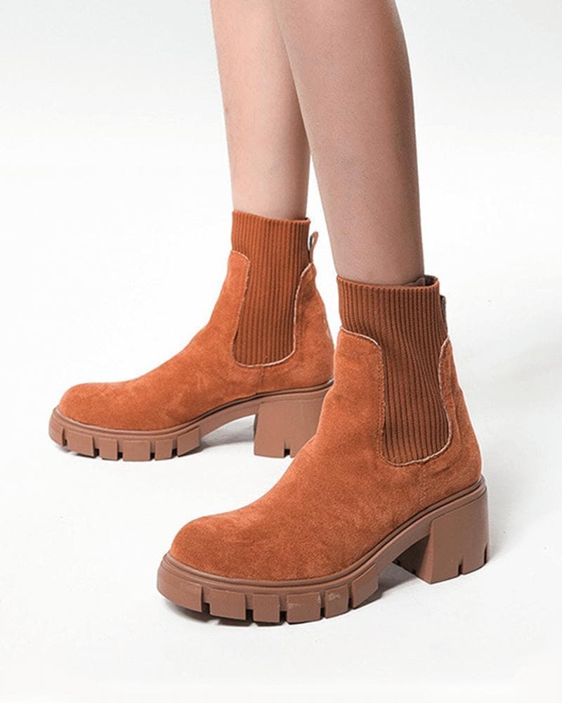 Women's Color-Blocking Chunky Heel Ankle Boots - Outdoor Fashion