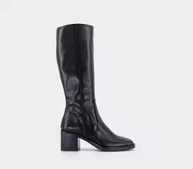 Womens Office Black Leather Knee High Block Heel Boots.