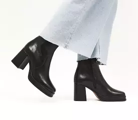 Women's Office Black Leather Platform Block Heel Ankle Boots