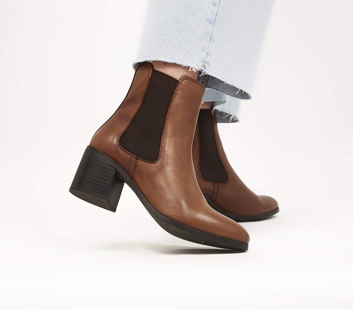 women's office block heel Chelsea boots, tan leather