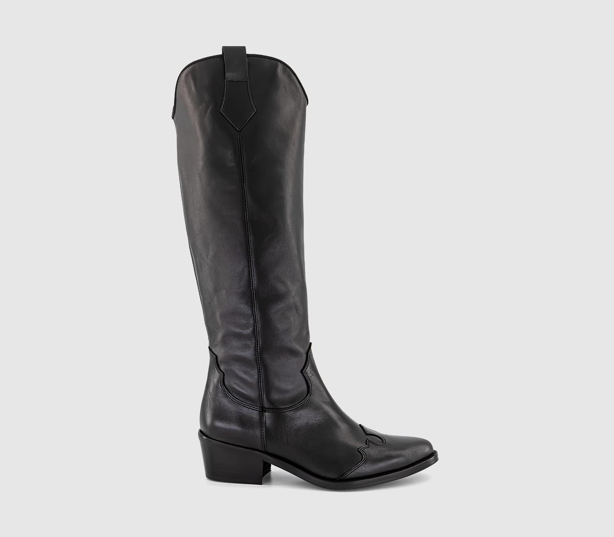 Women's Office Heeled Western Knee Boots - Black Leather