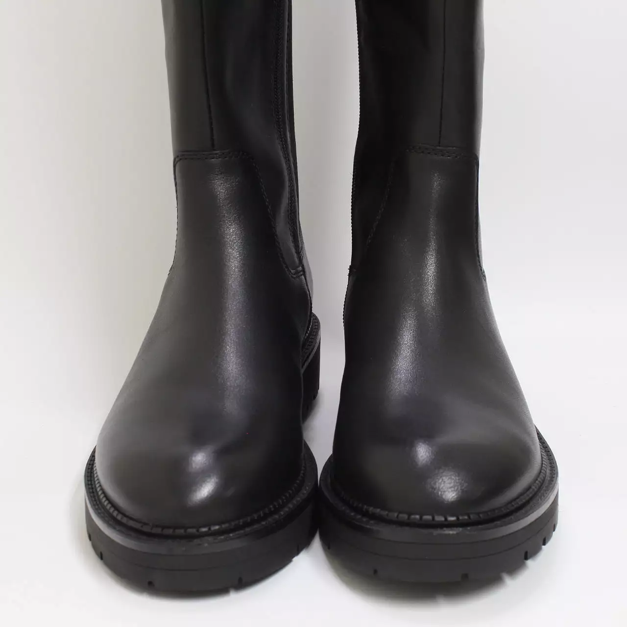 Womens Office Kara Black Leather Knee Boots Cleated Elastic Back