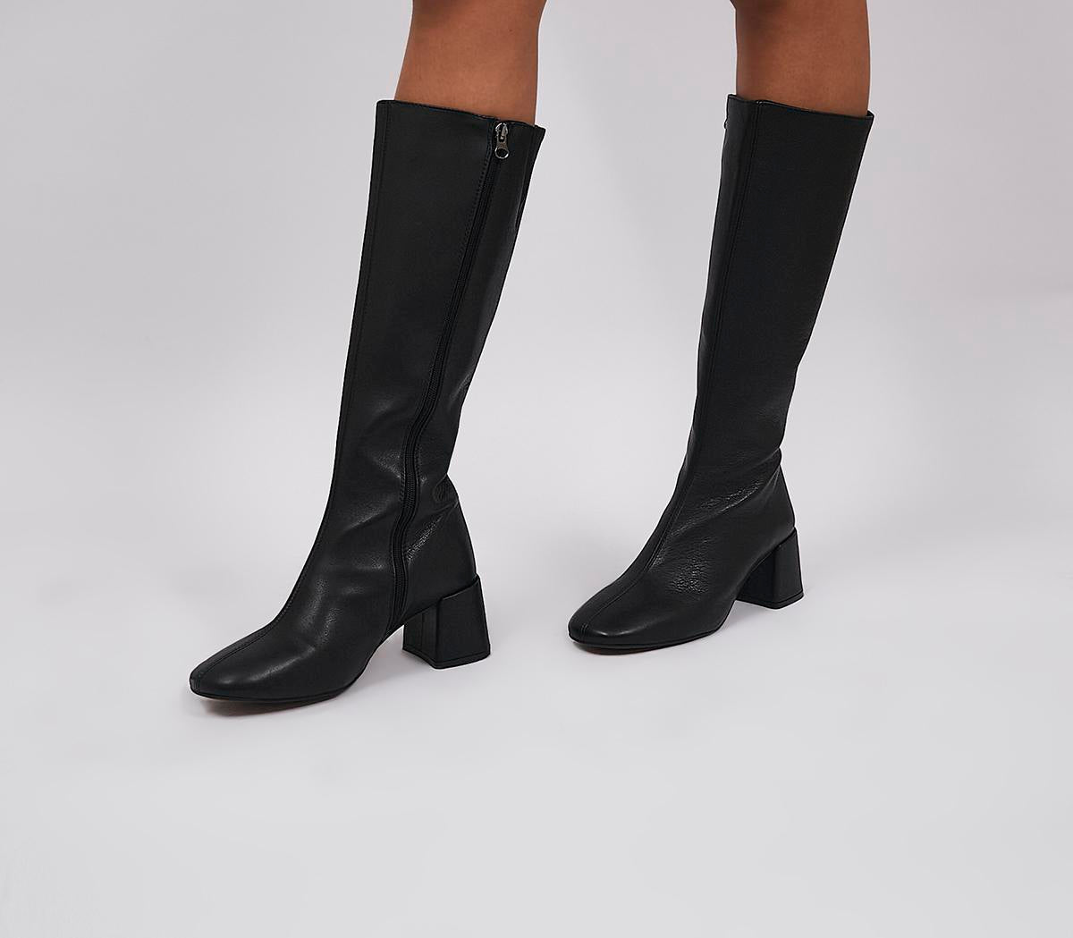 Women's Office Kaya Black Leather Knee Boots with Block Heel