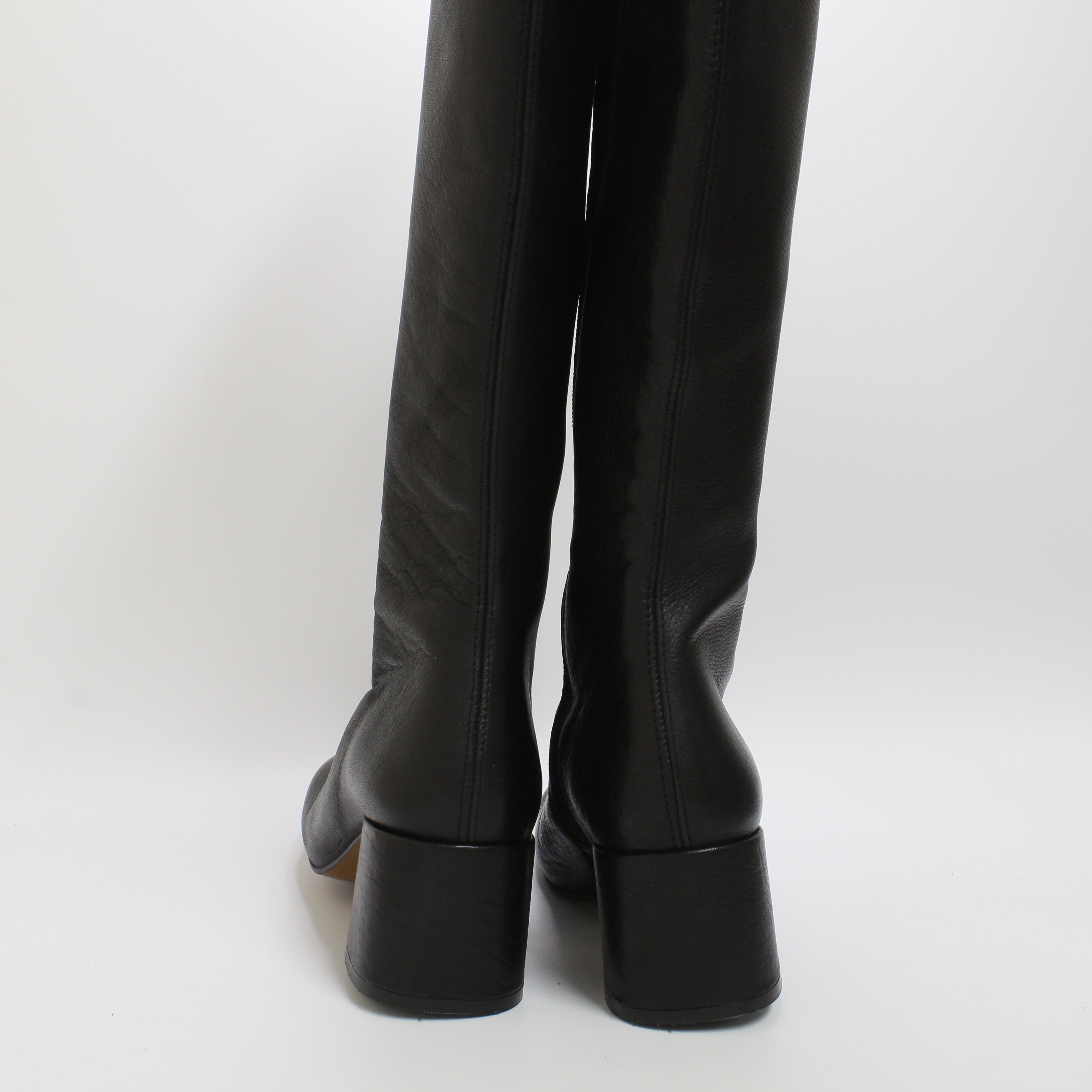 Women's Office Kaya Black Leather Knee Boots with Block Heel