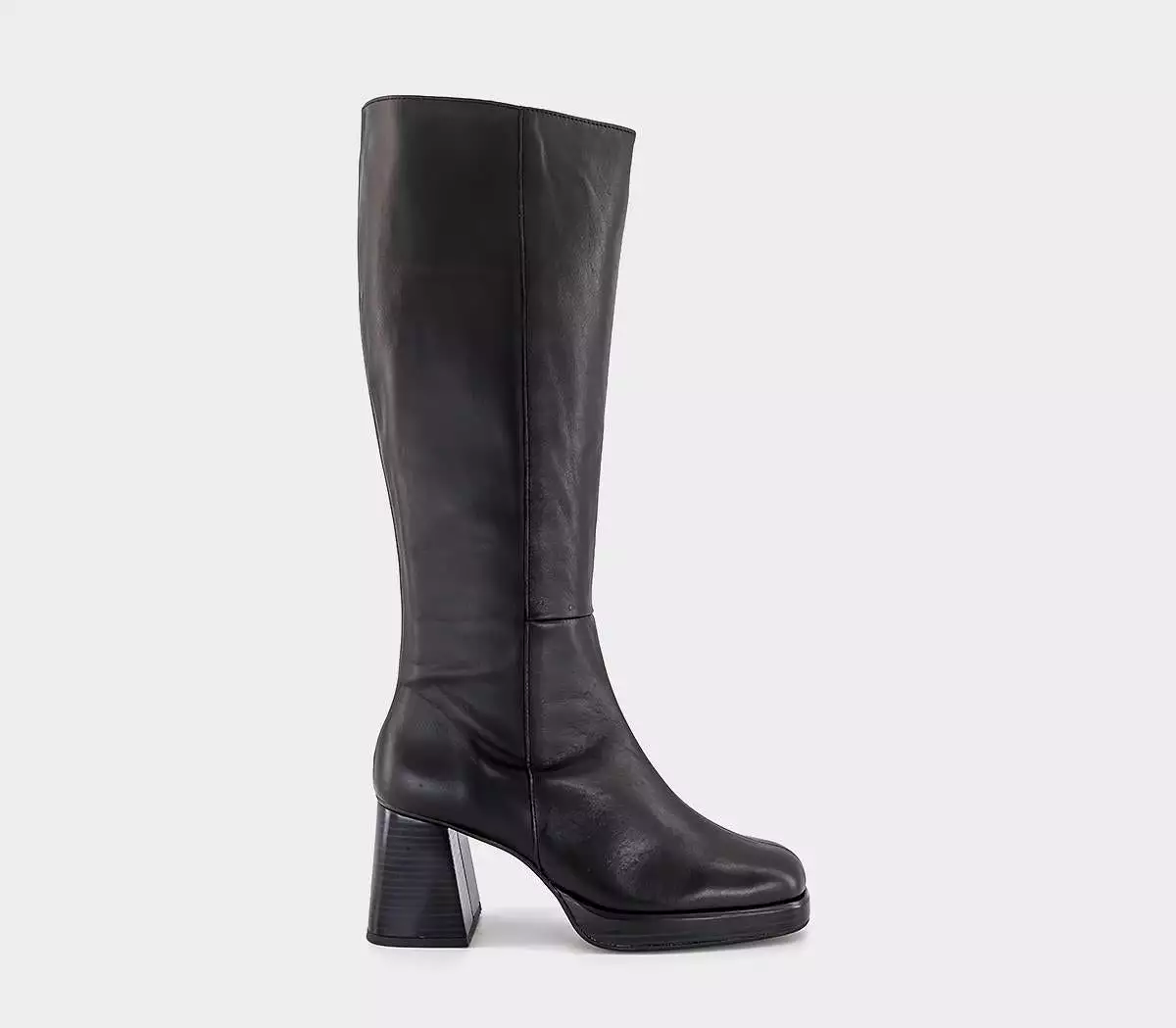 Women's Platform Heeled Knee Boots - Black Leather