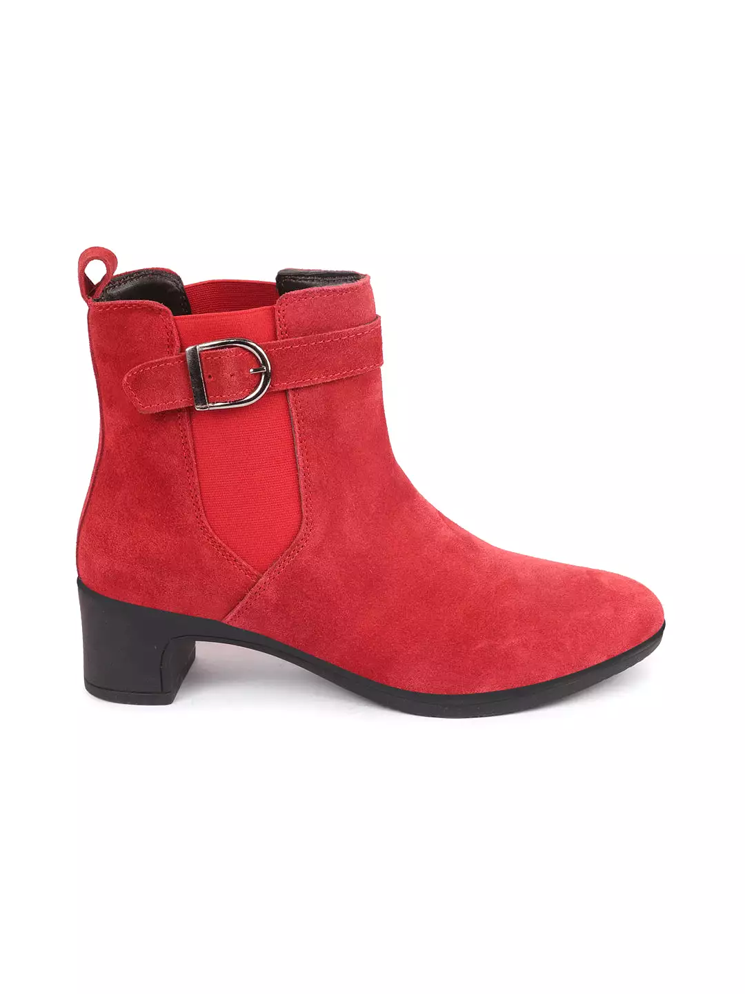 Women's suede leather ankle boots with buckle strap, red flared heel, and classic winter design.