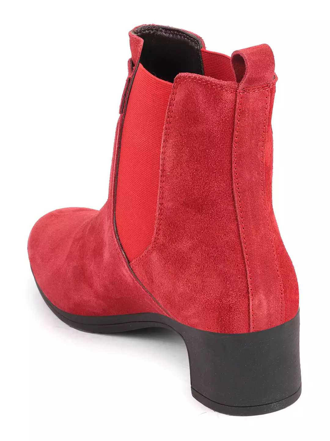 Women's suede leather ankle boots with buckle strap, red flared heel, and classic winter design.