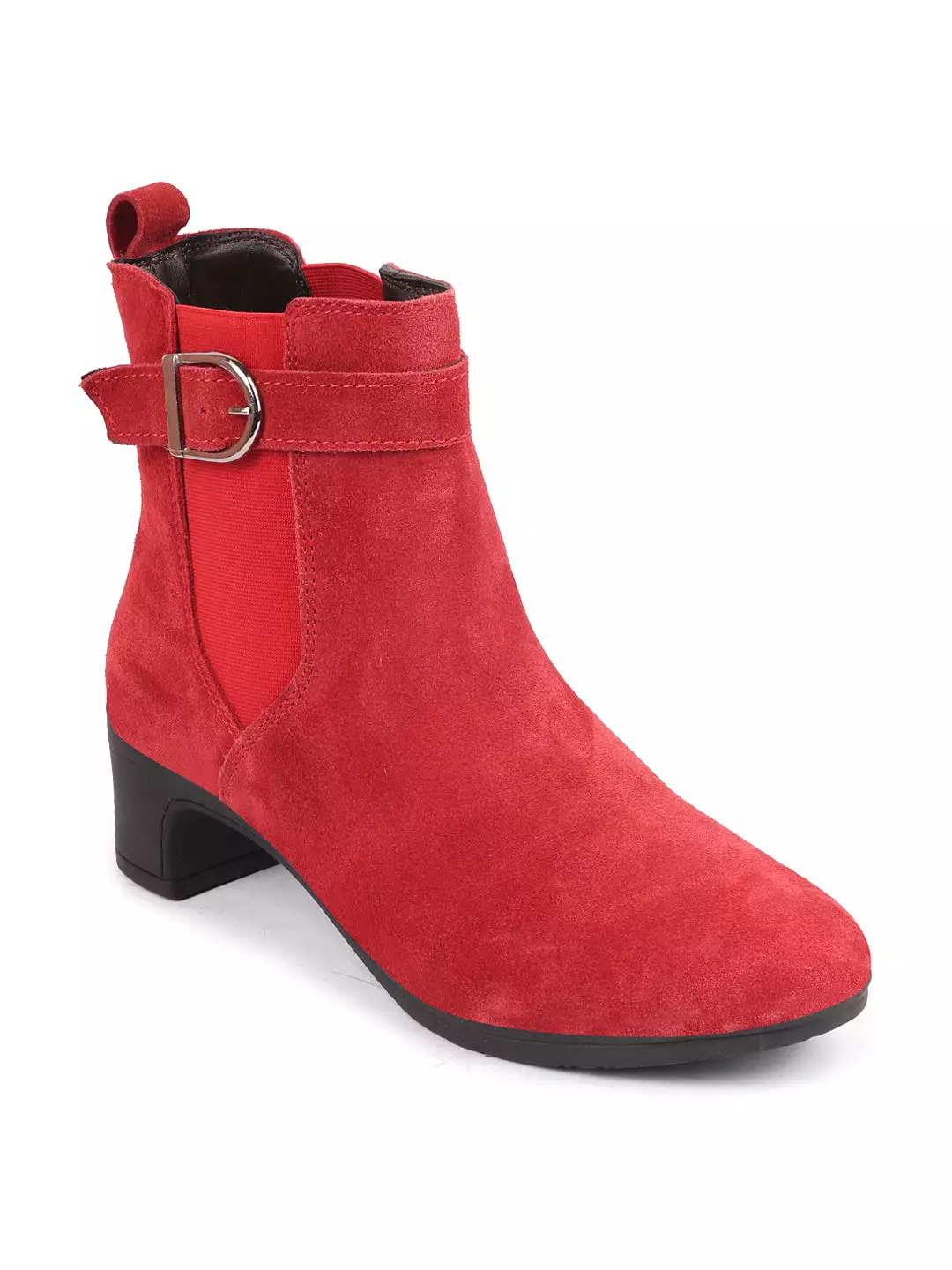 Women's suede leather ankle boots with buckle strap, red flared heel, and classic winter design.