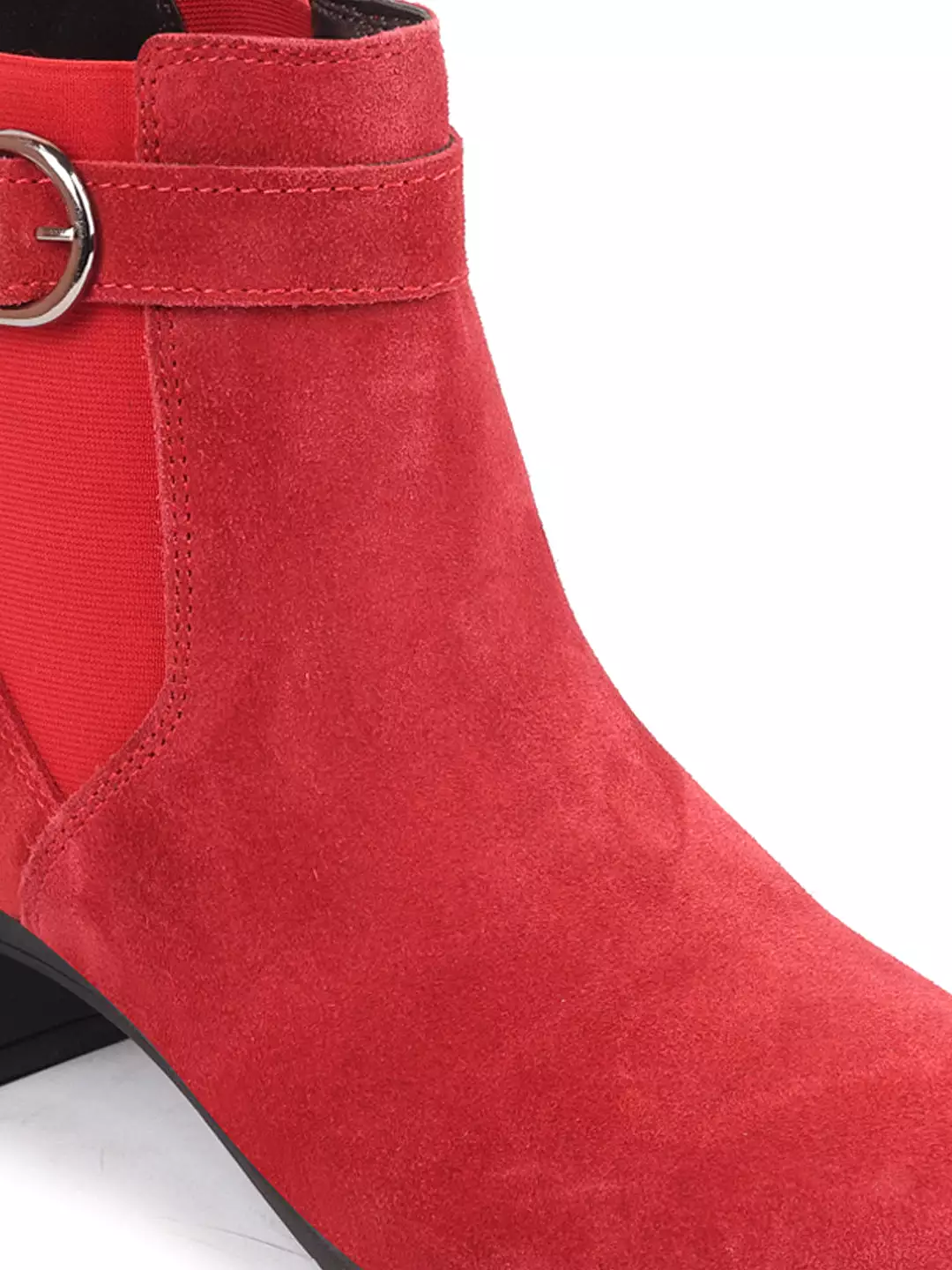 Women's suede leather ankle boots with buckle strap, red flared heel, and classic winter design.