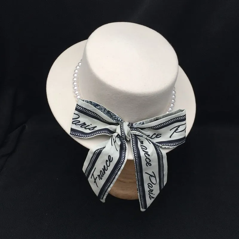 Women's Winter Fashion Trends Elegant Pearl Bow Flat Aristocratic Hat